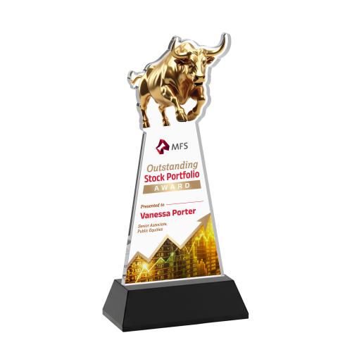 Corporate Awards - Crystal Awards - Raging Bull Full Color Black on Hartford Base Animals Crystal Award