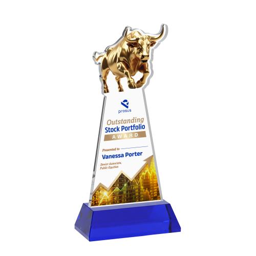 Corporate Awards - Crystal Awards - Raging Bull Full Color Blue on Hartford Base Animals Crystal Award