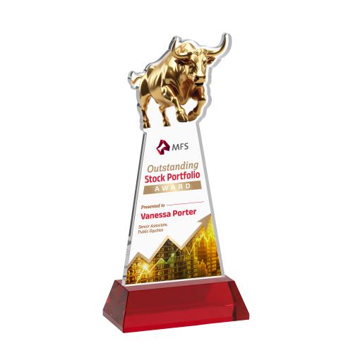Corporate Awards - Crystal Awards - Raging Bull Full Color Red on Hartford Base Animals Crystal Award