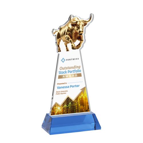 Corporate Awards - Crystal Awards - Raging Bull Full Color Sky Blue on Hartford Base Animals Crystal Award