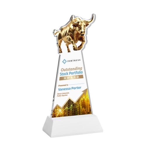 Corporate Awards - Crystal Awards - Raging Bull Full Color White on Hartford Base Animals Crystal Award