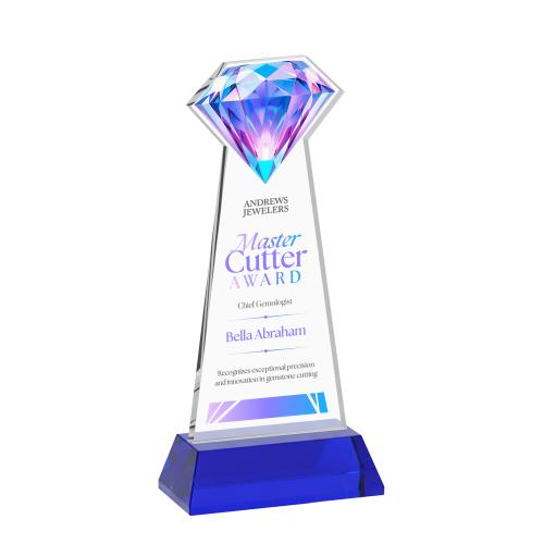 Corporate Awards - Crystal Awards - Gemstone Full Color Blue on Hartford Base Crystal Award
