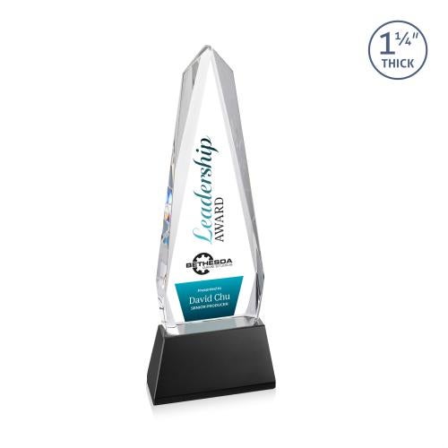 Corporate Awards - Crystal Awards - Cheswick Full Color Black on Entwhistle Base Obelisk Crystal Award