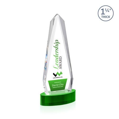 Corporate Awards - Crystal Awards - Cheswick Full Color Green on Alberton Base Obelisk Crystal Award
