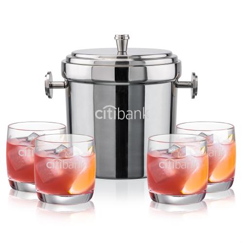 Corporate Recognition Gifts - Etched Barware - Milano Ice Bucket & Ritz On-the-Rocks Set