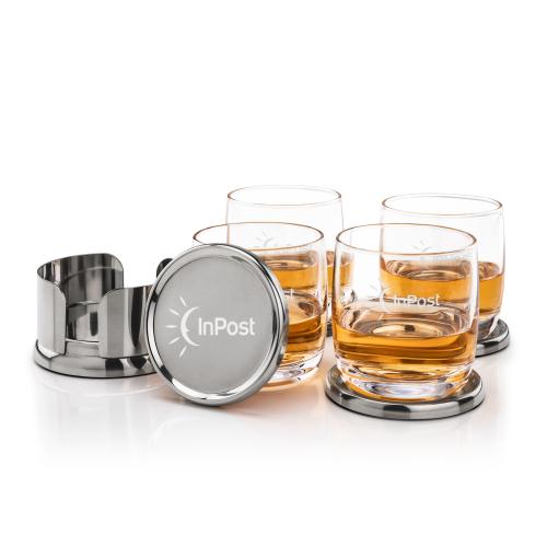 Corporate Recognition Gifts - Etched Barware - Baldoni Coasters & Ritz On-the-Rocks Set
