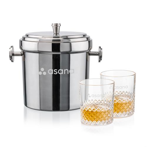Corporate Recognition Gifts - Etched Barware - Milano Ice Bucket & Tacoma On-the-Rocks Set
