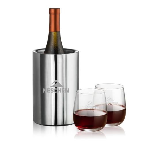 Corporate Recognition Gifts - Etched Barware - Jacobs Wine Cooler & Crestview Stemless Wine