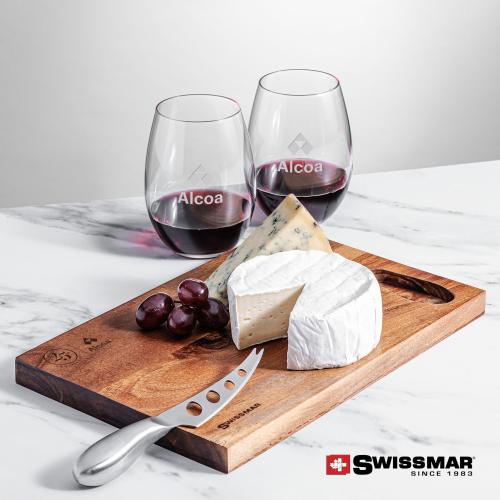 Corporate Recognition Gifts - Etched Barware - Swissmar&reg; Acacia Board & 2 Carlita Stemless Wine