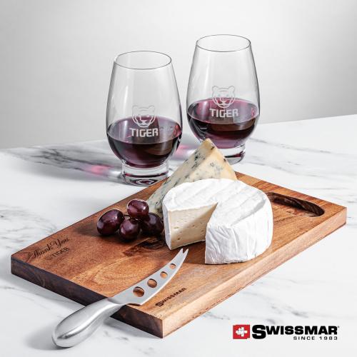 Corporate Recognition Gifts - Etched Barware - Swissmar&reg; Acacia Board & 2 Glenarden Stemless Wine
