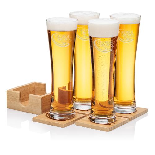 Corporate Recognition Gifts - Etched Barware - Bamboo Coaster Gift Set - Mannheim