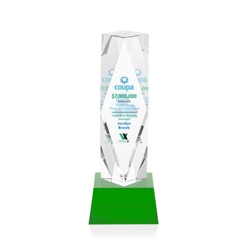 Corporate Awards - Crystal Awards - Toscana Full Color Green on Base Obelisk Crystal Award