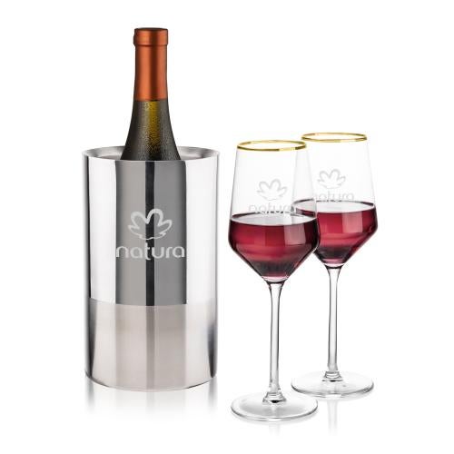 Corporate Recognition Gifts - Etched Barware - Catania Wine Cooler & Tucson Gold Rim Wine Set