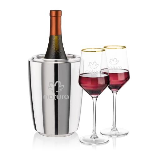 Corporate Recognition Gifts - Etched Barware - Pescara Wine Cooler & Tucson Gold Rim Wine Set