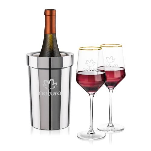 Corporate Recognition Gifts - Etched Barware - Milano Wine Cooler & 2 Tucson Gold Rim Wine Set