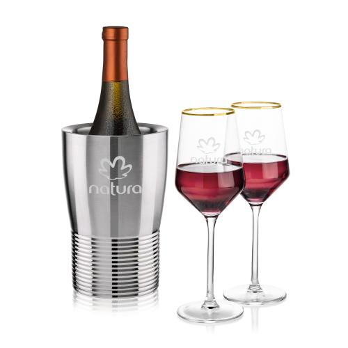 Corporate Recognition Gifts - Etched Barware - Genoa Wine Cooler & Tucson Gold Rim Wine Set