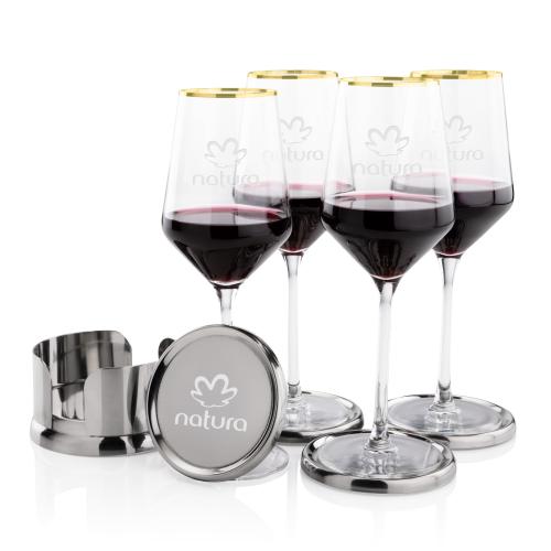 Corporate Recognition Gifts - Etched Barware - Baldoni Coasters & Tucson Gold Rim Wine Set