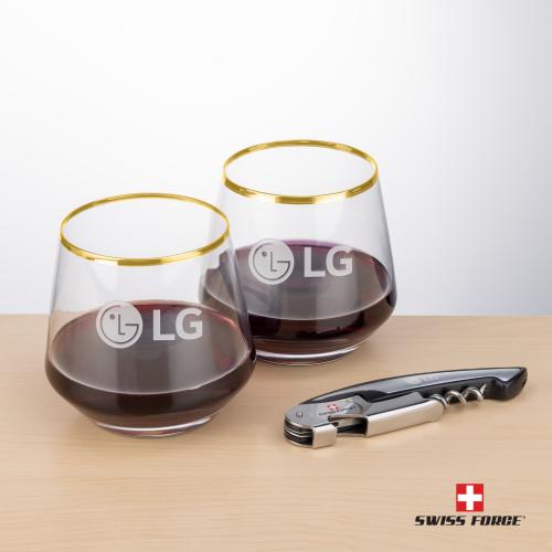 Corporate Recognition Gifts - Etched Barware - Swiss Force&reg; Opener & Tucson Gold Rim Stemless Wine