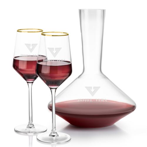 Corporate Recognition Gifts - Etched Barware - Tucson Carafe & Wine Set - Gold Rim