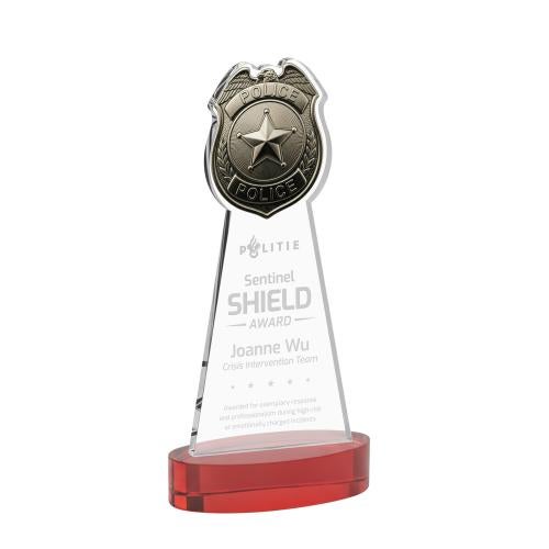 Corporate Awards - Crystal Awards - Police Badge Red on Alberton Base Abstract / Misc Crystal Award