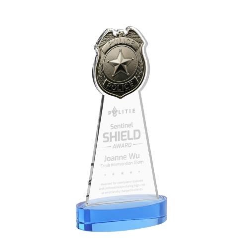 Corporate Awards - Crystal Awards - Police Badge Sky Blue on Alberton Base Abstract / Misc Crystal Award