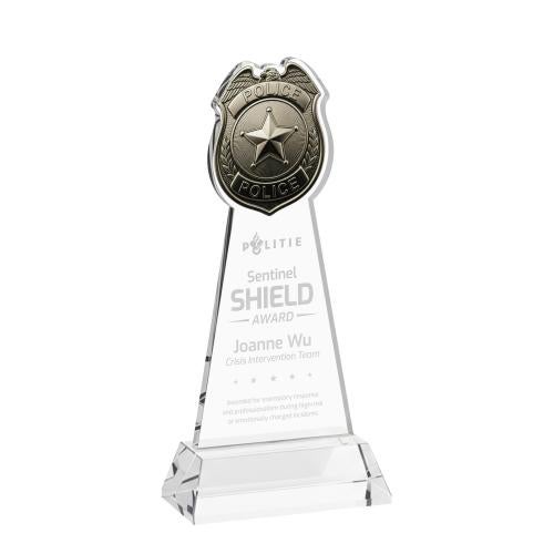Corporate Awards - Crystal Awards - Police Badge Clear on Hartford Base Abstract / Misc Crystal Award