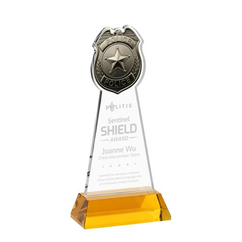 Corporate Awards - Crystal Awards - Police Badge Amber on Hartford Base Abstract / Misc Crystal Award