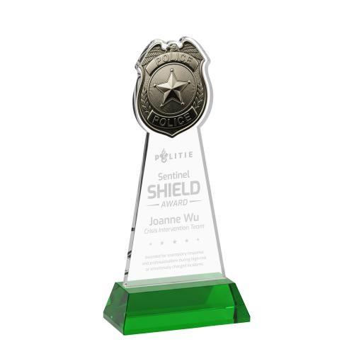 Corporate Awards - Crystal Awards - Police Badge Green on Hartford Base Abstract / Misc Crystal Award