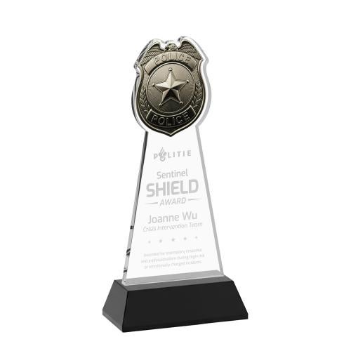 Corporate Awards - Crystal Awards - Police Badge Black on Hartford Base Abstract / Misc Crystal Award