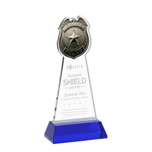 Corporate Awards - Crystal Awards - Police Badge Blue on Hartford Base Abstract / Misc Crystal Award