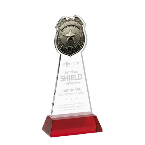 Corporate Awards - Crystal Awards - Police Badge Red on Hartford Base Abstract / Misc Crystal Award