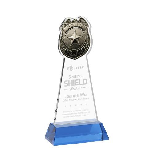 Corporate Awards - Crystal Awards - Police Badge Sky Blue on Hartford Base Abstract / Misc Crystal Award