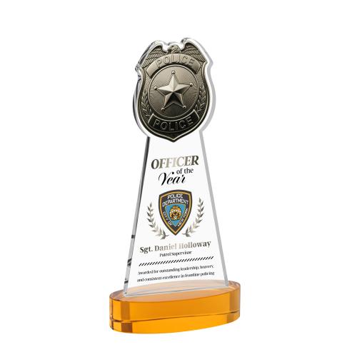 Corporate Awards - Crystal Awards - Police Badge Full Color Amber on Alberton Base Abstract / Misc Crystal Award