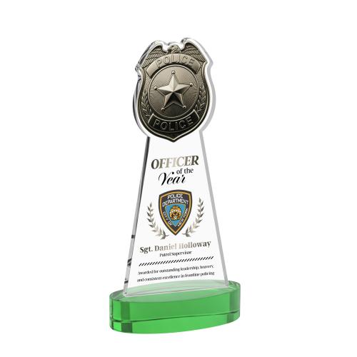 Corporate Awards - Crystal Awards - Police Badge Full Color Green on Alberton Base Abstract / Misc Crystal Award