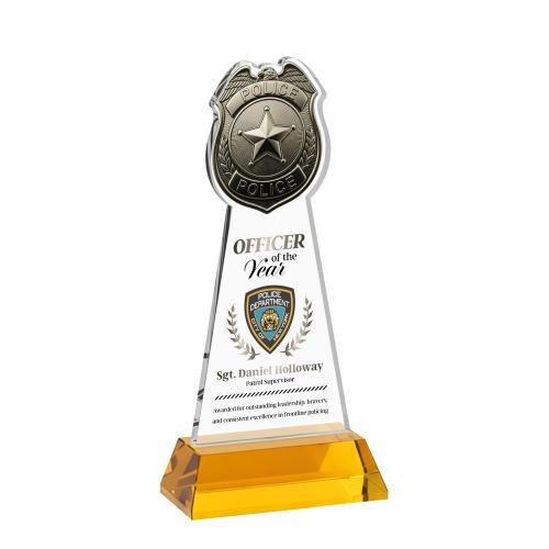 Corporate Awards - Crystal Awards - Police Badge Full Color Amber on Hartford Base Abstract / Misc Crystal Award