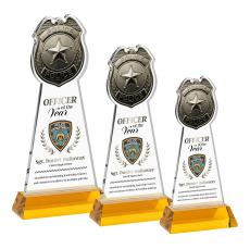 Police Badge Full Color Amber on Hartford Base Abstract / Misc Crystal Award - Glass Awards