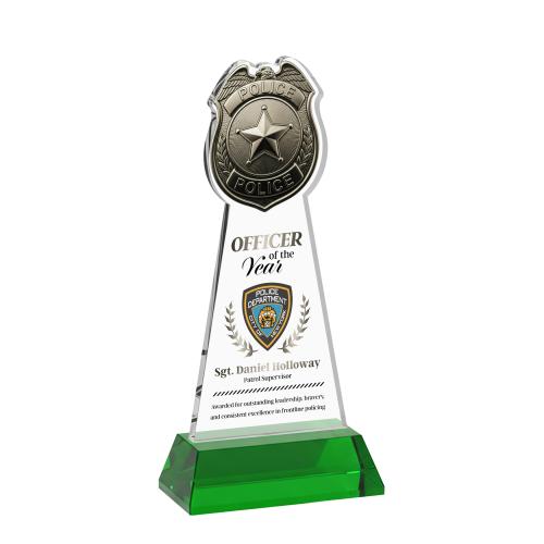 Corporate Awards - Crystal Awards - Police Badge Full Color Green on Hartford Base Abstract / Misc Crystal Award