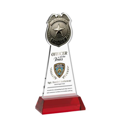 Corporate Awards - Crystal Awards - Police Badge Full Color Red on Hartford Base Abstract / Misc Crystal Award