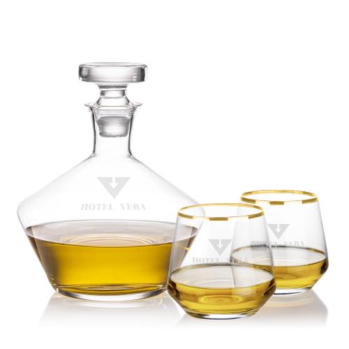 Corporate Recognition Gifts - Etched Barware - Tucson Decanter Set - Gold Rim
