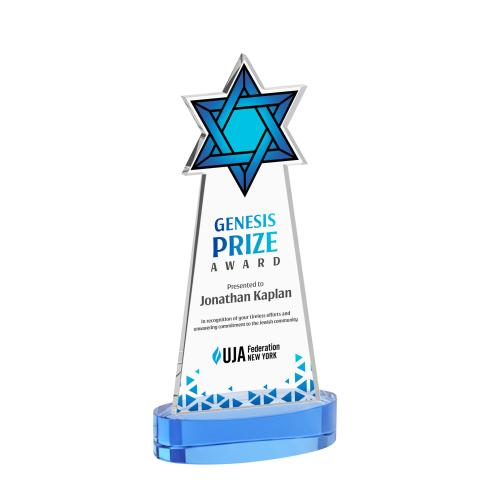 Corporate Awards - Crystal Awards - Star of David Full Color Sky Blue on Alberton Base Abstract / Misc Crystal Award
