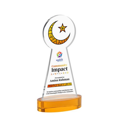 Corporate Awards - Crystal Awards - Crescent & Star Full Color Amber on Alberton Base Abstract / Misc Crystal Award