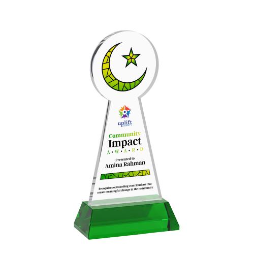 Corporate Awards - Crystal Awards - Crescent & Star Full Color Green on Hartford Base Abstract / Misc Crystal Award