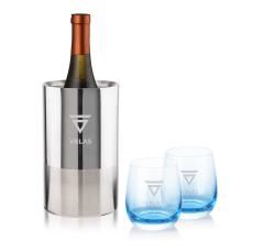 Catania Wine Cooler & Soudan Blue Stemless Wine - Etched Barware