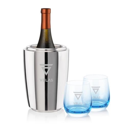 Corporate Recognition Gifts - Etched Barware - Pescara Wine Cooler & Soudan Blue Stemless Wine