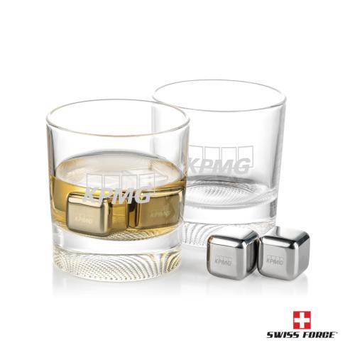 Corporate Recognition Gifts - Etched Barware - Swiss Force&reg; S/S Ice Cubes & 2 Baldwin OTR