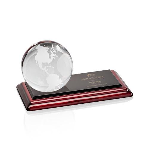 Corporate Awards - Crystal Awards - Crystal Globe Awards  - Globe Spheres on Rosewood Base Crystal Award