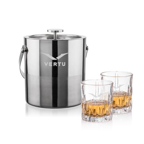 Corporate Recognition Gifts - Etched Barware - Catania Ice Bucket & Newport On-the-Rocks Set