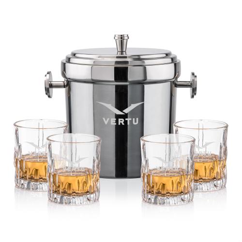 Corporate Recognition Gifts - Etched Barware - Milano Ice Bucket & Newport On-the-Rocks Set