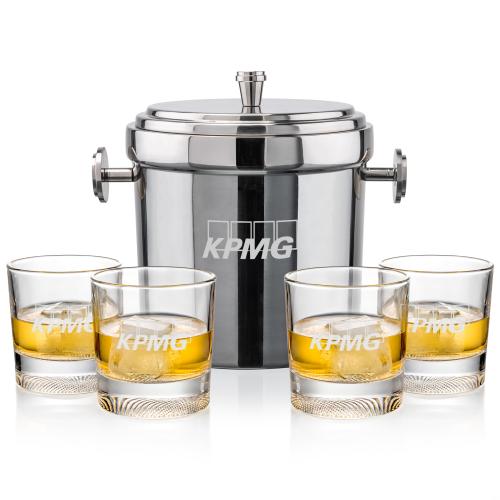 Corporate Recognition Gifts - Etched Barware - Milano Ice Bucket & Baldwin On-the-Rocks