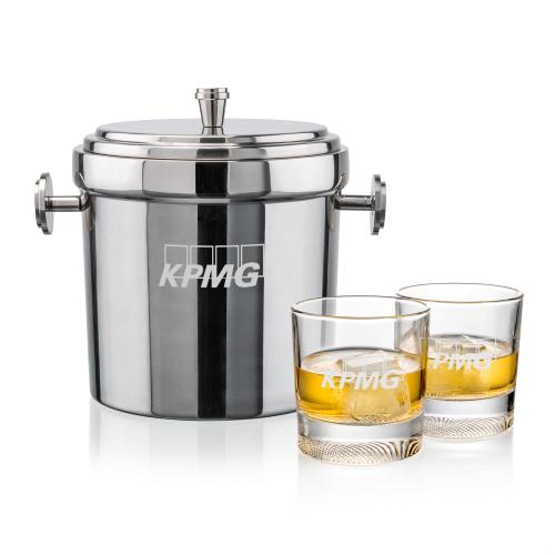 Corporate Recognition Gifts - Etched Barware - Milano Ice Bucket & Baldwin On-the-Rocks
